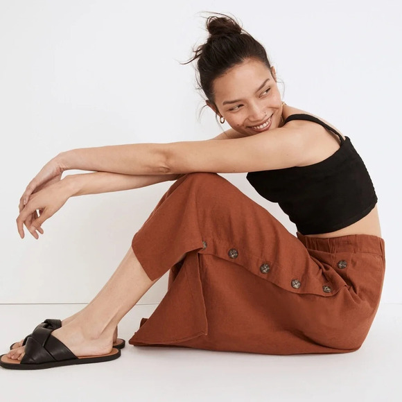 New Madewell Sz: M Linen-Blend Side-Button Midi Skirt Burnt Umber NF947 - Picture 1 of 15